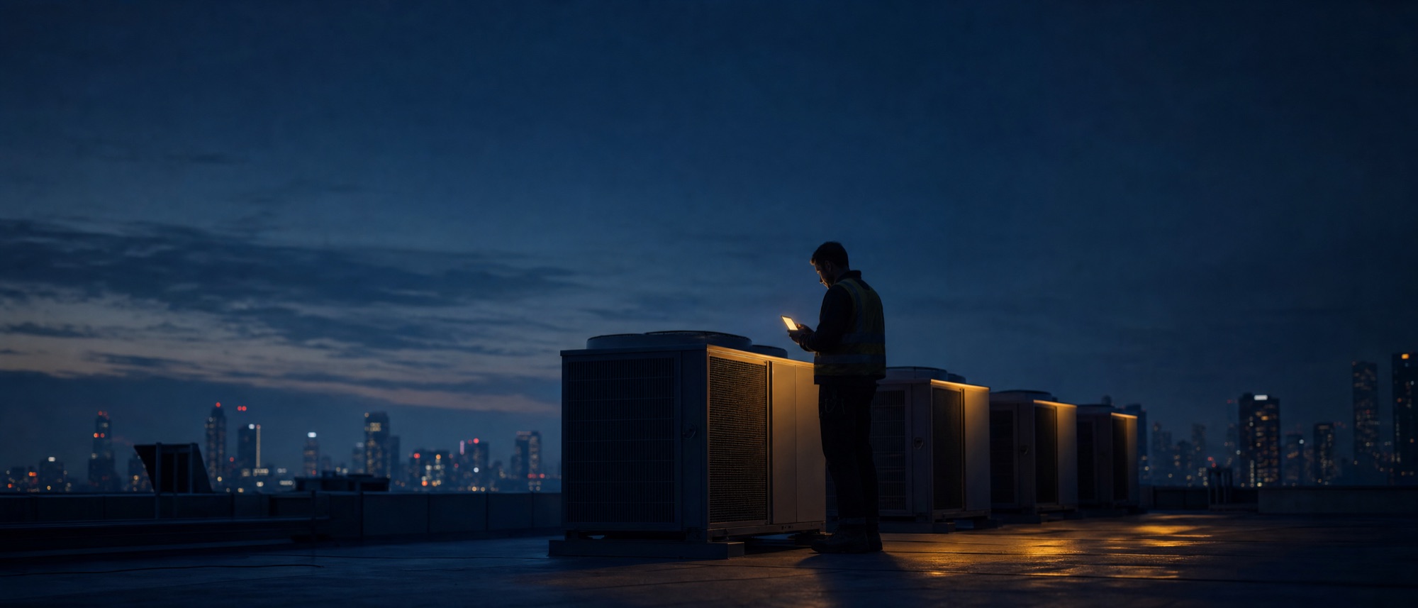 Engineer on a roof at dusk checking a phone beside a row of condenser units